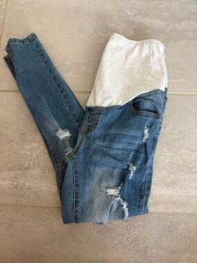 Maternity Distressed Blue Denim Jeans with Stretch Panel
